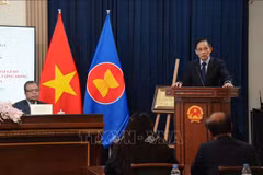 Politburo member and Minister of Foreign Affairs Le Hoai Trung, Special Envoy of Party General Secretary To Lam, speaks at a meeting with staff of the Vietnamese Embassy and representatives of the Vietnamese community in Russia on February 25. (Photo: VNA)