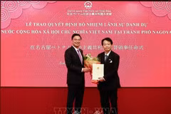 Vietnamese Ambassador to Japan Pham Quang Hieu (L) hands over the reappointment decision to Japanese Professor Natsume Nagato at the ceremony in Tokyo on October 10. (Photo: VNA)