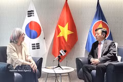 Vietnamese Ambassador to the Republic of Korea Vu Ho (R) speaks to a VNA correspondent in the Republic of Korea. (Photo: VNA)