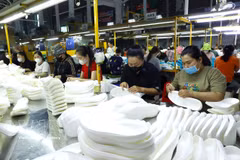 Shoe sole production at Kepai Co., Ltd. (a Japanese-invested enterprise) in Tan Kim Industrial Park (Tay Ninh) (Photo: VNA)