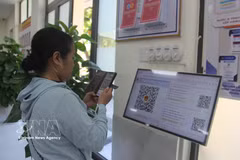 A resident scans a QR code to get a queue number at the public administrative service centre in Hoa Xuan ward, Da Nang city (Photo: VNA)