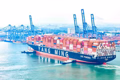 Container ship YM Wayfinder on its first-ever call at the Tan Cang - Cai Mep International Terminal (Photo published by VNA)