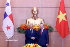 General Secretary of the Communist Party of Vietnam Central Committee and President To Lam (right) and President of Panama José Raúl Mulino at their meeting in Hanoi on October 6. (Photo: VNA)
