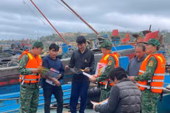 The Border Guard, in coordination with the Coast Guard, conduct an awareness campaign against IUU fishing at Bach Long Vy Port. (Photo: VNA)