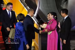 Vice Chairwoman of the Da Nang People’s Committee Nguyen Thi Anh Thi greets Polish Prime Minister Donald Tusk at the Da Nang International Airport (Photo: VNA)