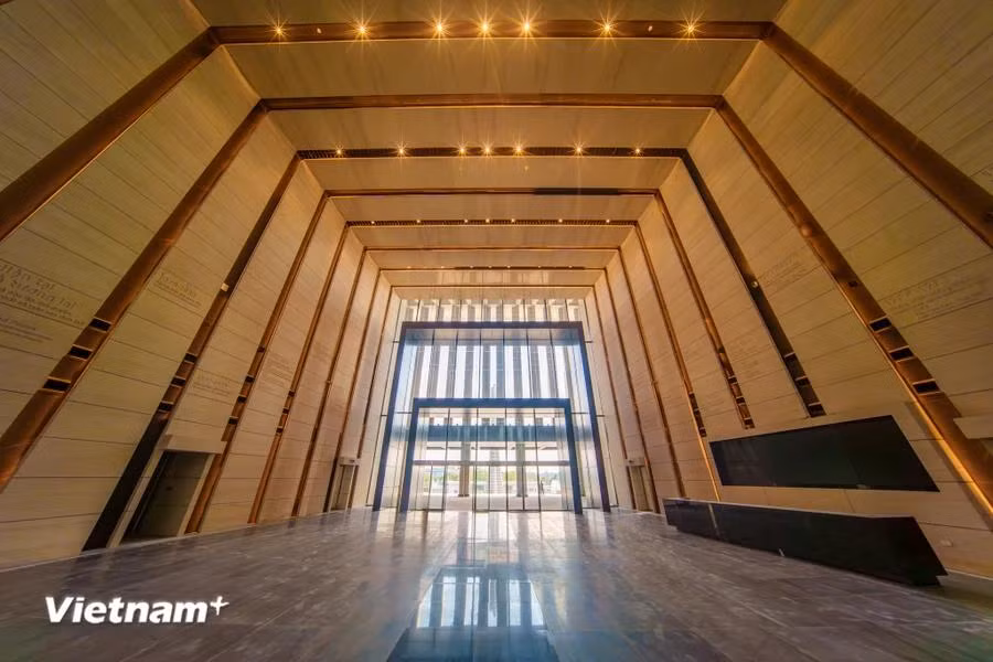The walls inside the museum’s main hall are inscribed with information about historical milestones. (Photo: VietnamPlus)