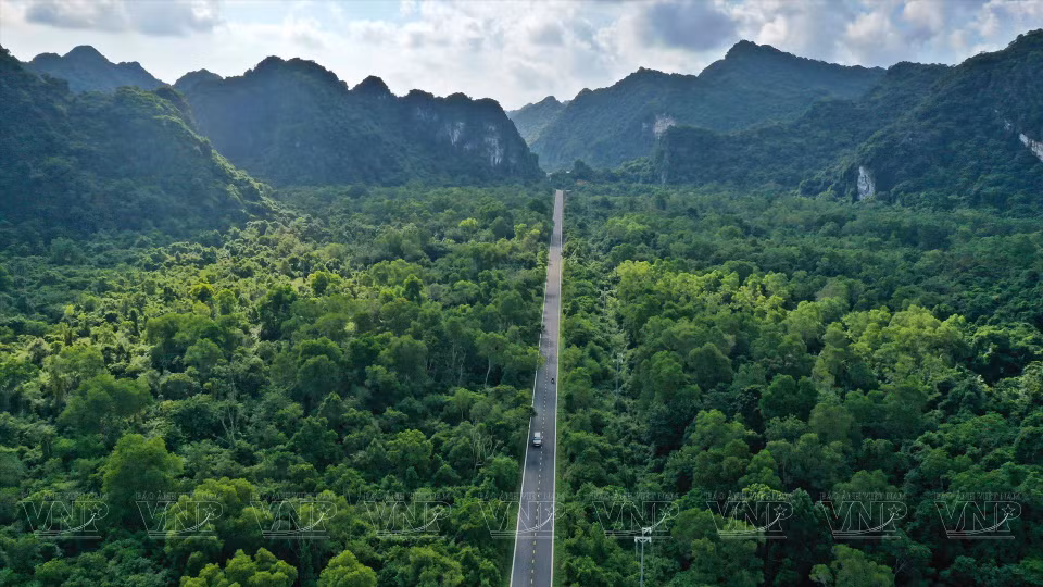 From above, the road resembles a gray thread weaving through lush green flora. (Photo: VNP/VNA)