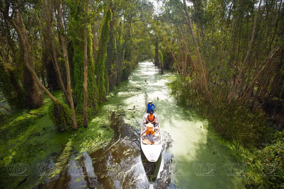 Tourists experience life and the untouched nature at Tan Lap floating village. (Photo: Vietnam Pictorial/VNA)