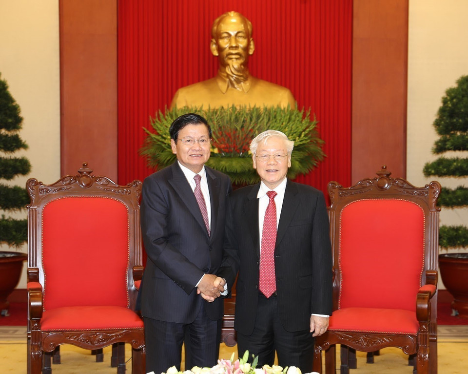 On the afternoon of October 1, 2019, at the Party Central Committee Headquarters, Party General Secretary and President Nguyen Phu Trong hosts a reception for Lao Prime Minister Thongloun Sisoulith during his official visit to Vietnam. (Photo: Tri Dung – VNA)