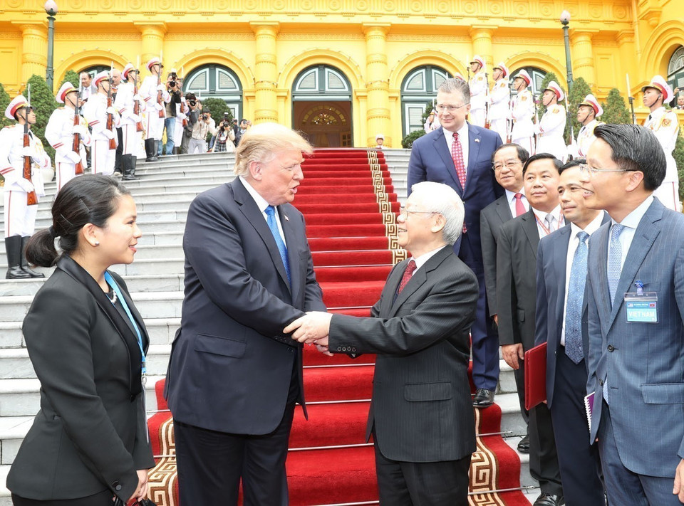 Party General Secretary and President Nguyen Phu Trong hosts a reception for and holds talks with US President Donald Trump on the occasion of his attendance at the second summit between the Democratic People’s Republic of Korea and the US, on February 27, 2019. (Photo: Tri Dung – VNA)