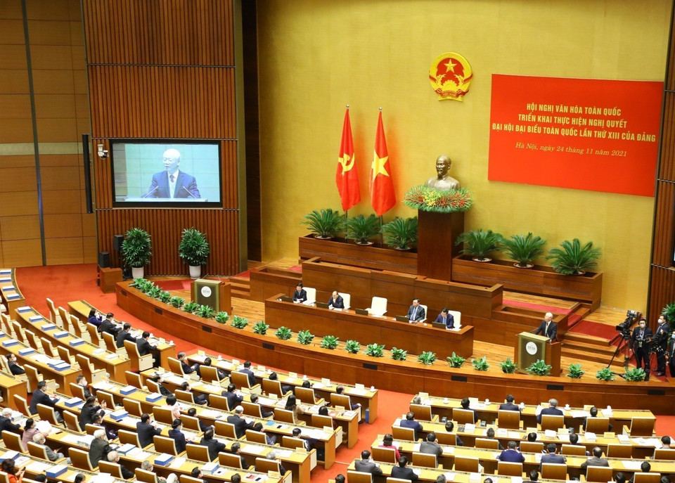 Party General Secretary Nguyen Phu Trong speaks at the National Cultural Conference to implement the Resolution of the 13th Party Congress, November 24, 2021. (Photo: Phuong Hoa – VNA)