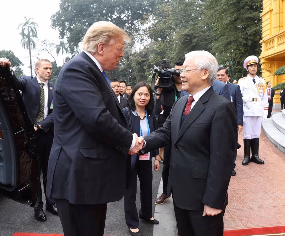 Party General Secretary and President Nguyen Phu Trong hosts a reception for and holds talks with US President Donald Trump on the occasion of the latter’s attendance at the second summit between the Democratic People’s Republic of Korea (DPRK) and the US in Hanoi on February 27, 2019. (Photo: VNA)