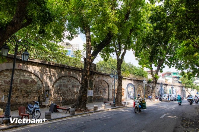 Phung Hung street has been completely "transformed" from a quiet one with little traffic into a unique public art space, featuring vibrant murals. It is decorated by 17 artworks, created by Vietnamese and Korean artists, which spread out on 127 bridge arches, forming an artistic environment that connects heritage, history, and the community. (Photo: VietnamPlus)