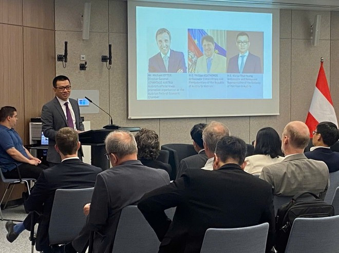 Vietnamese Ambassador to Austria Vu Le Thai Hoang delivers speech at the event. (Photo: VNA) dai-su-viet-nam-tai-ao-1.jpg