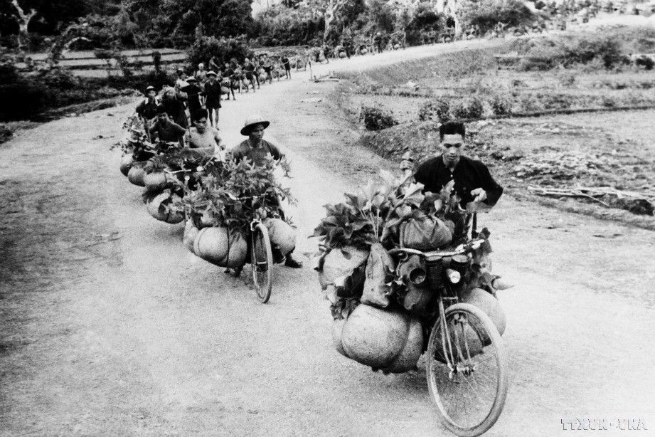 0. During the resistance war against the French, nearly 5,000 Youth Volunteer officers and members work day and night alongside armed forces, transport workers, logistics personnel, and ethnic minority communities in Viet Bac and Tay Bac to successfully complete key tasks. In photo: 21,000 cargo bicycles, 261,500 logistics workers, and various vehicles including trucks, boats, mules, and horses transport food, weapons, and ammunition to the Dien Bien Phu front (1954).
