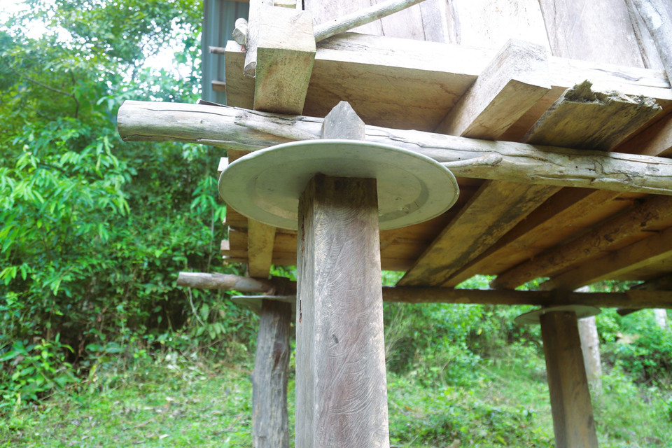 The granary’s pillars are placed on metal trays or basins to keep rainwater from seeping in and to deter insects and small animals from climbing up. (Photo: VNA)