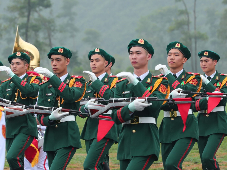 The Army Honour Guard in formation at the rehearsal. (Photo: VNA)