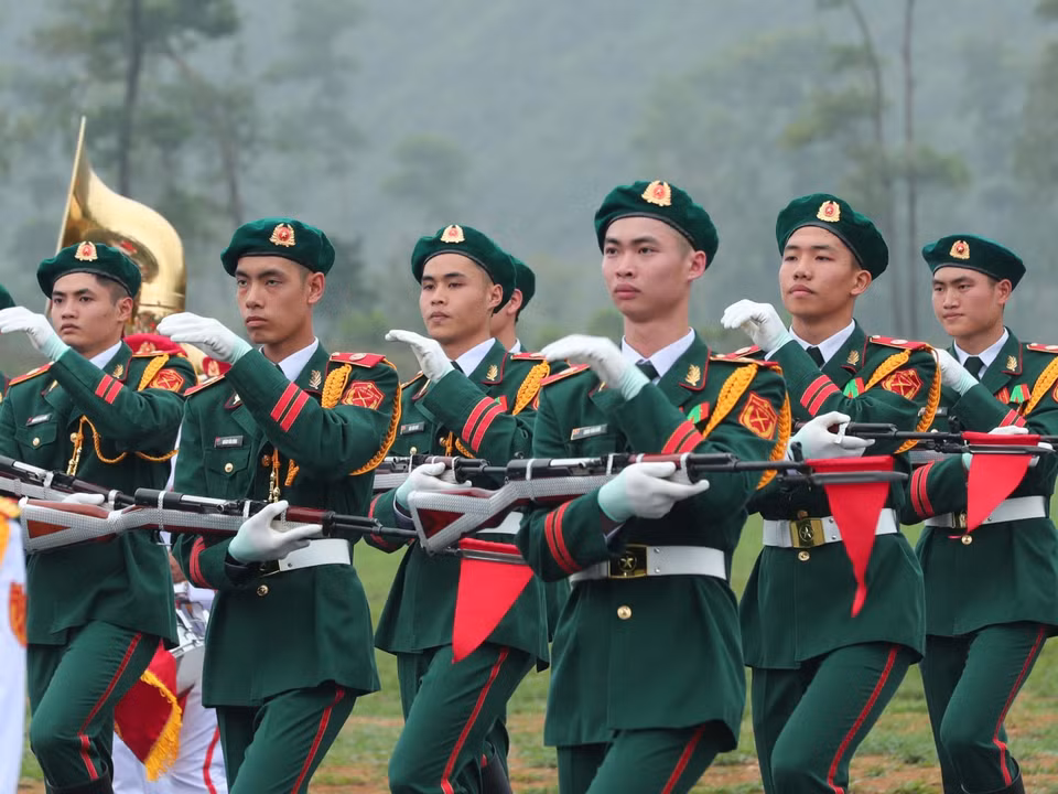 The Army Honour Guard in formation at the rehearsal. (Photo: VNA)