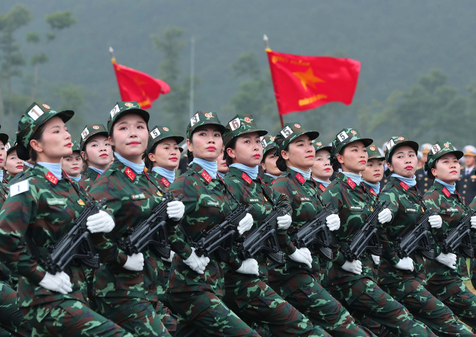The Vietnamese female peacekeeping forces participate in the rehearsal. (Photo: VNA)