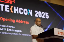 Coordinating Minister for National Security K. Shanmugam delivering his speech during the Tech Conference 2025 (Photo: The Straits Times)