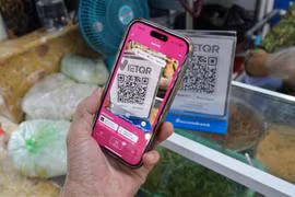A local resident makes a bank transfer using the Momo app. (Photo: VNA)