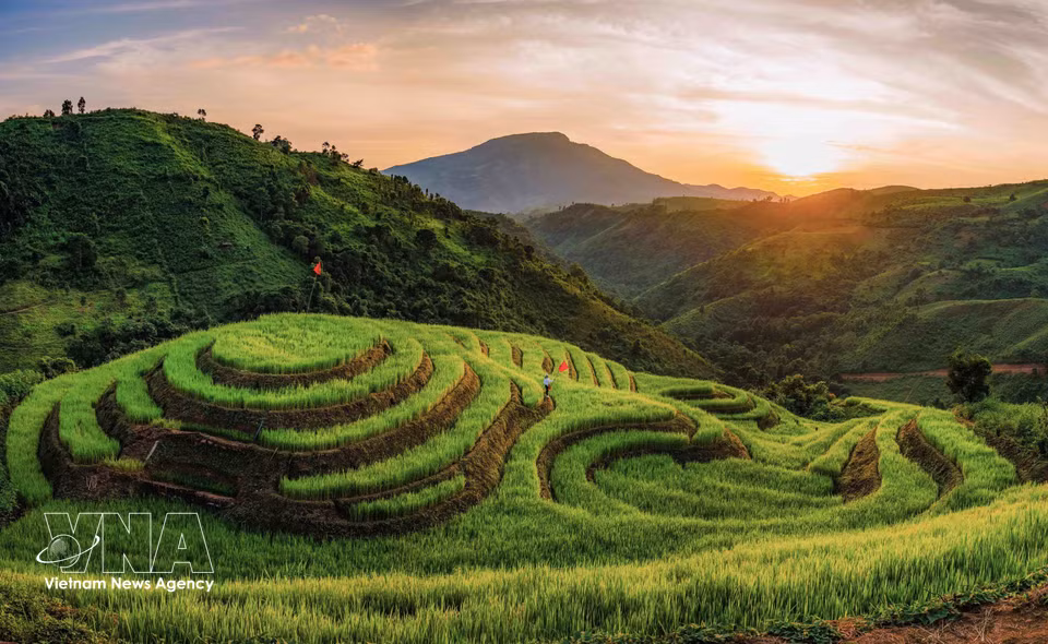 A panoramic view of terraced rice fields in Phu Long B village, Pu Nhi commune, Dien Bien province, winding along the hillsides amid the mountainous landscape. (Photo: Xuan Tu/VNA)