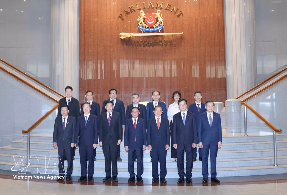 Member of the Political Bureau and Permanent Member of the Secretariat of the CPV Central Committee Tran Cam Tu and Speaker of the Parliament of Singapore Seah Kian Peng pose for a group photo with delegates. (Photo: Phuong Hoa/VNA)