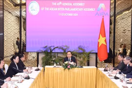 Chairman of the National Assembly (NA) Tran Thanh Man (centre) receives State Audit Organisation of Laos (SAO) President Viengthavisone Thephachanh in Vientiane on October 18. (Photo: VNA)