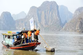 Military officers are involved in the cleanup of the waste and garbage washed into Ha Long Bay during Typhoon Yagi. The three-day cleanup campaign began on September 15. (Photo: VNA)
