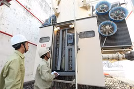 Workers check the power transmission line in the central city of Da Nang to ensure service and safety. Photo: VNA