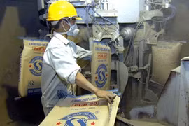 A worker packs cement bags at Song Thao Cement Joint Stock Co. (Photo: VNA)