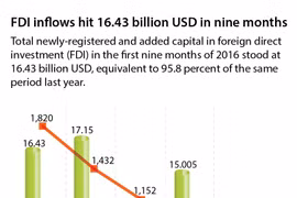 FDI inflows hit 16.43 billion USD in nine months