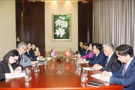 Vice Chairwoman of the National Assembly (NA) Nguyen Thi Thanh meets with her Armenian counterpart Hakob Arshakyan on October 19 in Vientiane. (Photo: VNA)