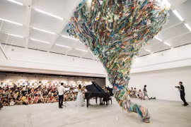 Artworks made from used plastic warn of environmental damage