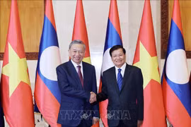President To Lam (L) and General Secretary of the Lao People’s Revolutionary Party (LPRP) and President of Laos Thongloun Sisoulith hold talks in Vientiane on July 11 (Photo: VNA)