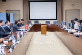 At the working session between Minister of Information and Communications Nguyen Manh Hung and Japanese State Minister of Economy, Trade and Industry Kozuki Ryosuke. (Photo: VNA)