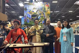 A traditional musical instrument performance at the Vietnam pavilion. (Photo: VNA)
