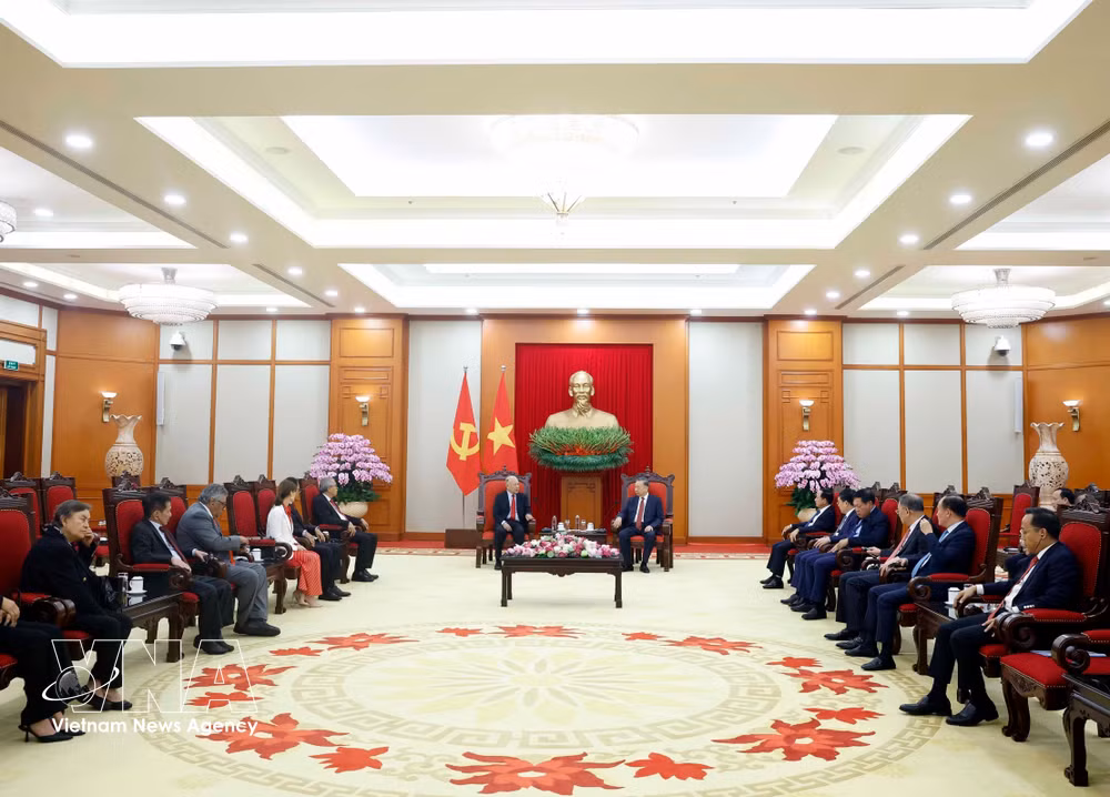 The meeting between General Secretary of the Communist Party of Vietnam Central Committee and President To Lam and Senator, General Secretary of the Mexican Labour Party Alberto Anaya Gutiérrez in Hanoi on August 19 (Photo: VNA)