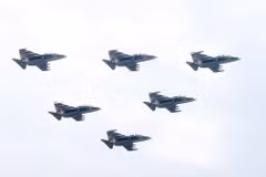 The Yak-130 training aircraft echelon flies over Hanoi sky on the National Day. (Photo: VNA)