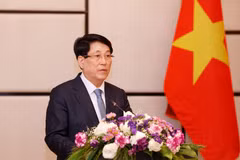 State President Luong Cuong speaks at the meeting with the Vietnamese community in Laos on April 25. (Photo: VNA)