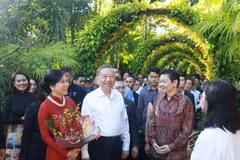 Party General Secretary To Lam (front, centre), his spouse Ngo Phuong Ly (front, left), and Singaporean Prime Minister Lawrence Wong tour the Singapore Botanic Gardens on March 12. (Photo: VNA)