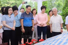 VNA General Director Vu Viet Trang (second from right) and generations of VNA leaders at the relic site. (Photo: VNA)