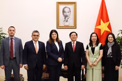 Deputy Prime Minister Ho Quoc Dung (third, right), Palestinian Minister of Foreign Affairs and Expatriates Varsen Aghabekian Shahin (third, left), and officials of the two countries (Photo: VNA)