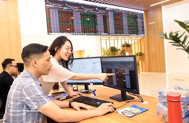Investors watch stock movements on a computer screen at a Bao Viet Securities office. (Photo: VNA)