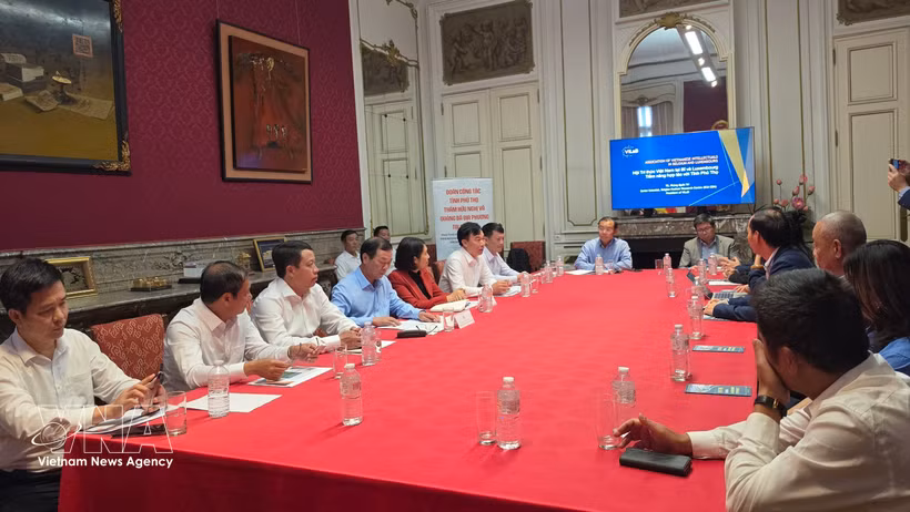 The meeting between the Phu Tho delegation and the Association of Vietnamese Intellectuals in Belgium and Luxembourg (ViLaB) in Brussels on August 28. (Photo: VNA) 