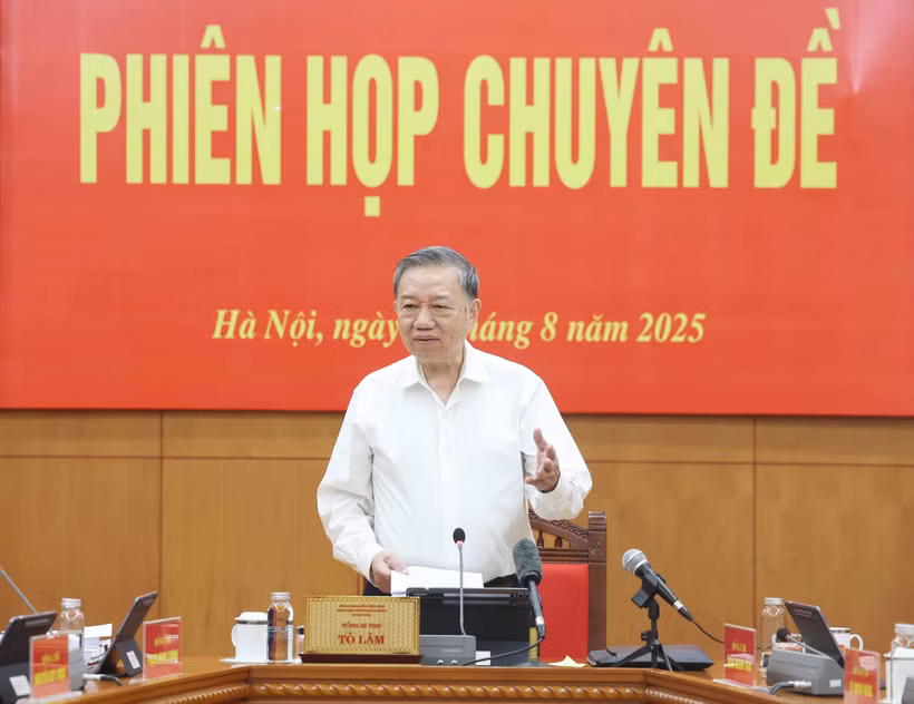 Party General Secretary To Lam speaks at the thematic meeting of the central steering committee for perfecting institutions and laws in Hanoi on August 5. (Photo: VNA)
