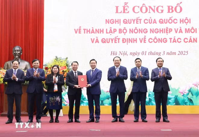 Deputy Prime Minister Tran Hong Ha presents the decision stipulating the functions, tasks, power, and organisational structure of the Ministry of Agriculture and Environment. (Photo: VNA)
