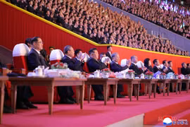 General Secretary of the Workers' Party of Korea and President of the State Affairs Kim Jong Un and other leaders attend an art performance to celebrate the 80th founding anniversary of the Workers' Party of Korea at the Rungrado 1st of May Stadium in Pyongyang on the evening of October 9. (Photo: KCNA)